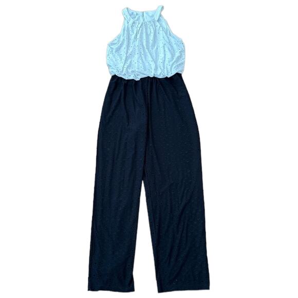 LONDON TIMES Sleeveless Eyelet Contrast Jumpsuit keyhole opening size medium - Picture 1 of 10